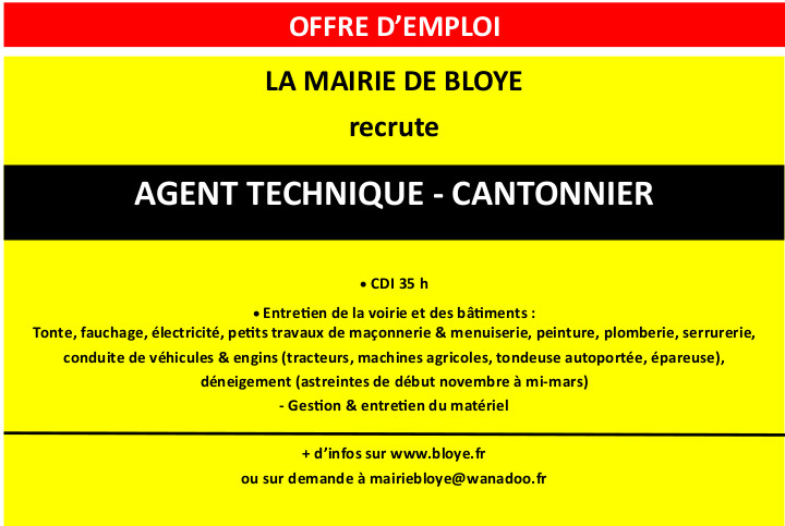 Offre d'emploi agent techique Bloye